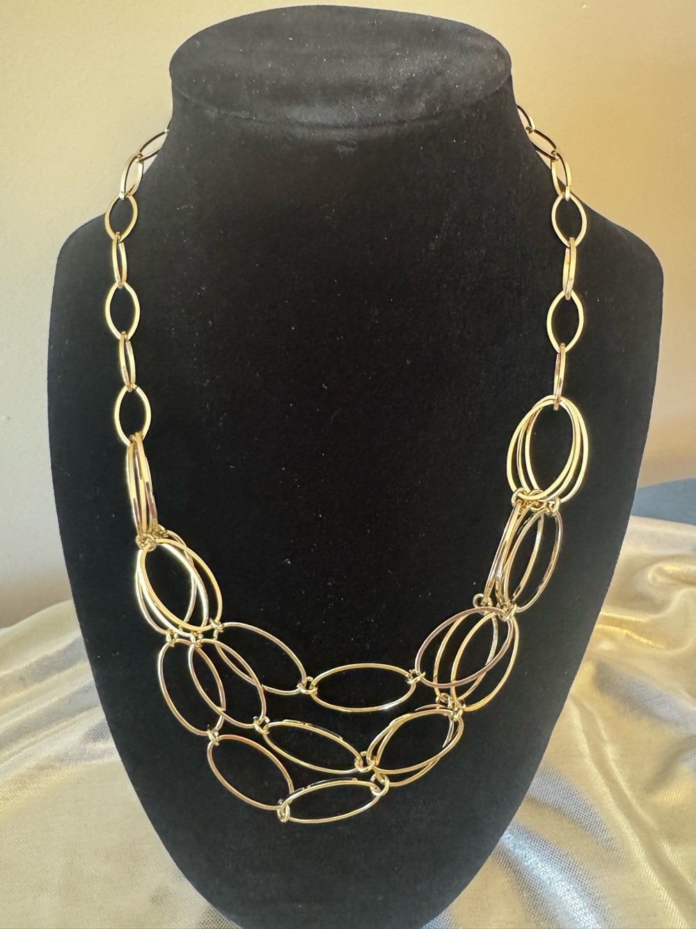 Gold Tone Statement Link Necklace 3 Layered Oval Chains 20” long + 3” Extender.